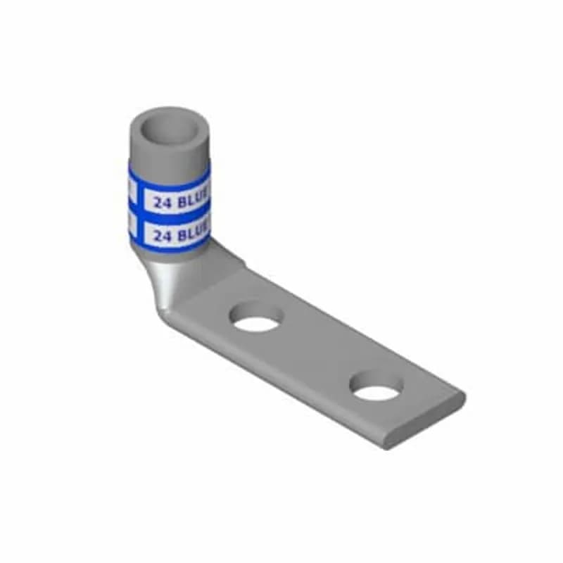 Copper Two-Hole Lug, 90 Degree Bend Standard Barrel, Max 35kV, 350 kcmil Wire, 3/8 Inch Bolt Size, 1 Inch Hole Spacing, Tin Plated, Die Code 71, Die Color Code Red