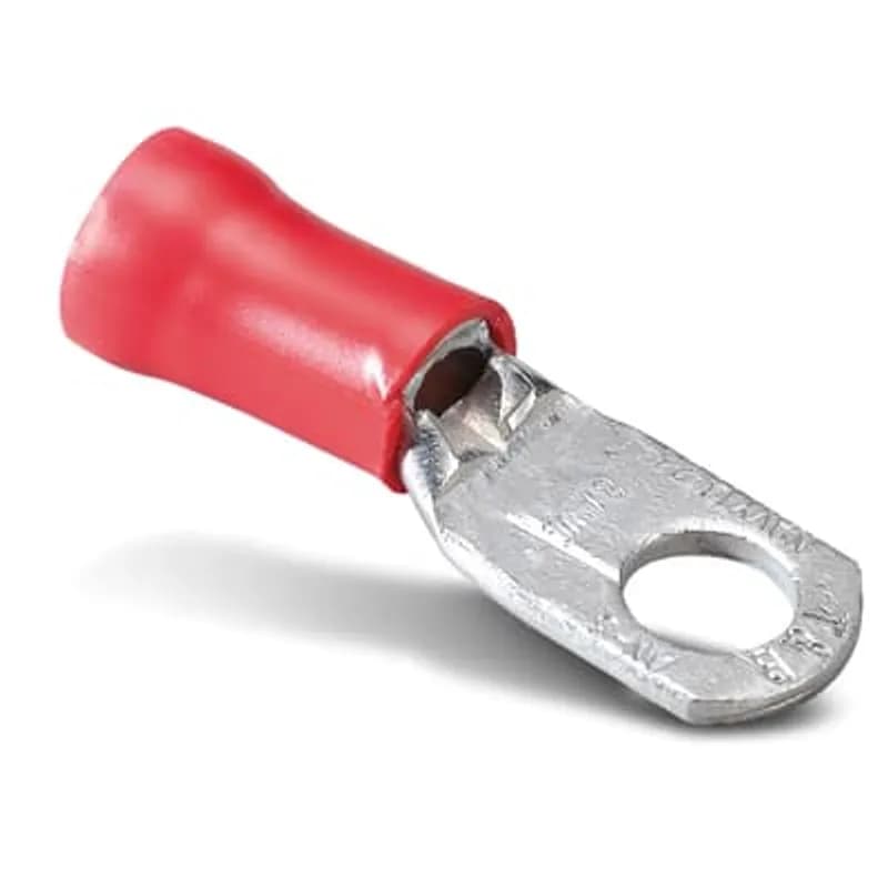Vinyl Insulated Large Ring Terminal, Length 1.48 Inches, Width .42 Inches, Maximum Insulation .340, Bolt Hole #10, Wire Range 8, Color Red, Copper, Tin Plated