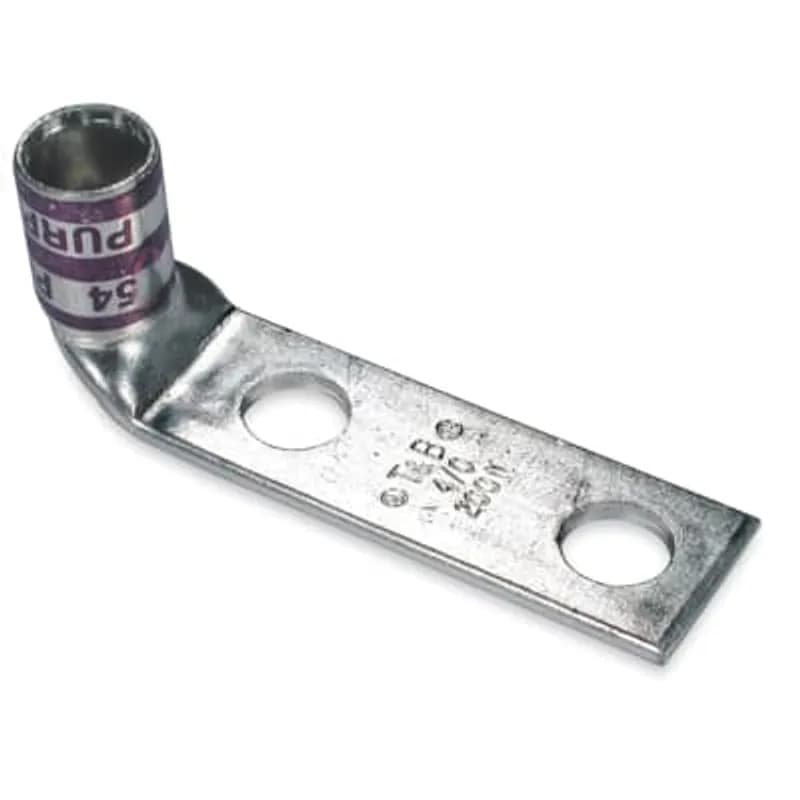 ABB - Installation Products 54211UB - Copper Two-Hole Lug, 90 Degree Bend Standard Barrel, Peep Hole, Max 35kV, Wire Size 3/0 AWG, 3/8 Inch Bolt Size, 1 Inch Hole Spacing, Tin Plated, Die Code 50, Die Color Code Orange