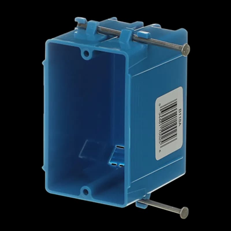 One-Gang Nail-On New Work Outlet Box, Volume 18 Cubic Inches, Length 3-3/4 Inches, Width 2-1/4 Inches, Depth 2-7/8 Inches, Color Blue, Material PVC, Mounting Means Captive Nails