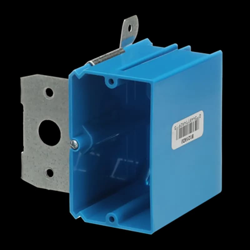 One-Gang Adjustable New Work Outlet Box, Volume 21 Cubic Inches, Length 3.65 Inches, Width 2.25 Inches, Depth 3.32 Inches, Color Blue, Material PVC, Mounting Means up to 1-3/4 Inch Adjustable Bracket
