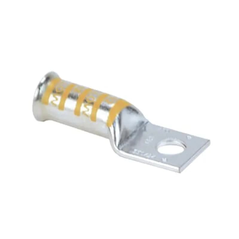 ABB - Installation Products 54913BEBS - Copper One-Hole Lug, Long Barrel, Bell Shaped End, Blind End, Max 35kV, Wire Size 250 kcmil, 1/2 Inch Bolt Size, Tin Plated Blind End, Die Code 62, Die Color Code Yellow