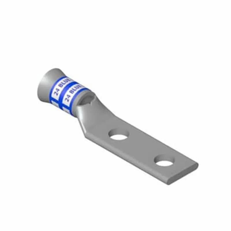 Copper Two-Hole Lug, Standard Barrel - Belled End, Max 35kV, Wire Size 3/0 AWG, 1/2 Inch Bolt Size, 1-3/4 Inch Hole Spacing, Tin Plated, Die Code 50, Die Color Code Orange