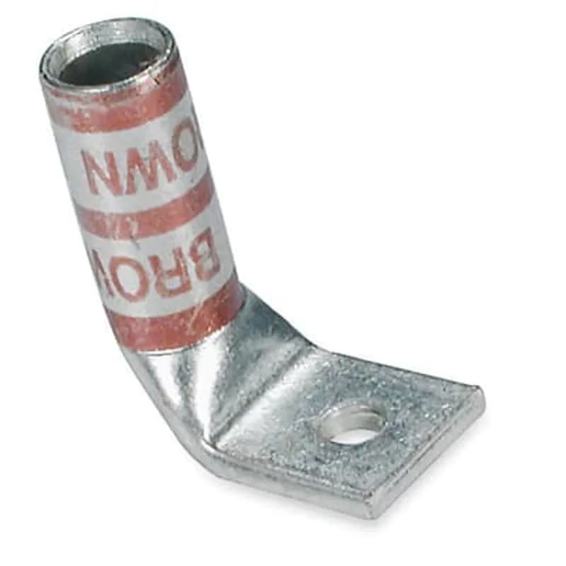 Copper One-Hole Lug, 90 Degree Bend Long Barrel, Blind End, Max 35kV, Wire Size #1 AWG, #10 Bolt Size, Tin Plated, Die Code 37, Die Color Code Green