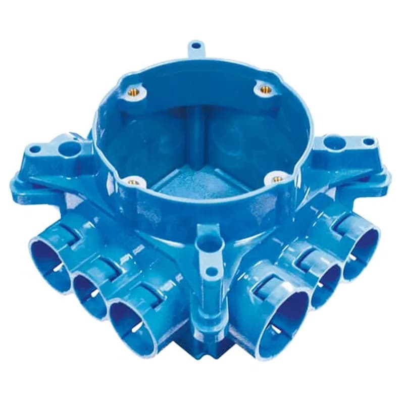 Non-metallic mud box with ceiling ring and 12 integral connectors. 41.8 Cubic Inch Capacity.