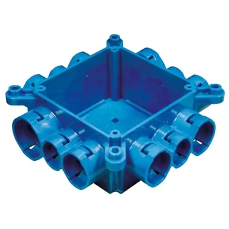 Non-metallic mud box with blank cover and 12 integral connectors. 29.3 Cubic Inch Capacity.
