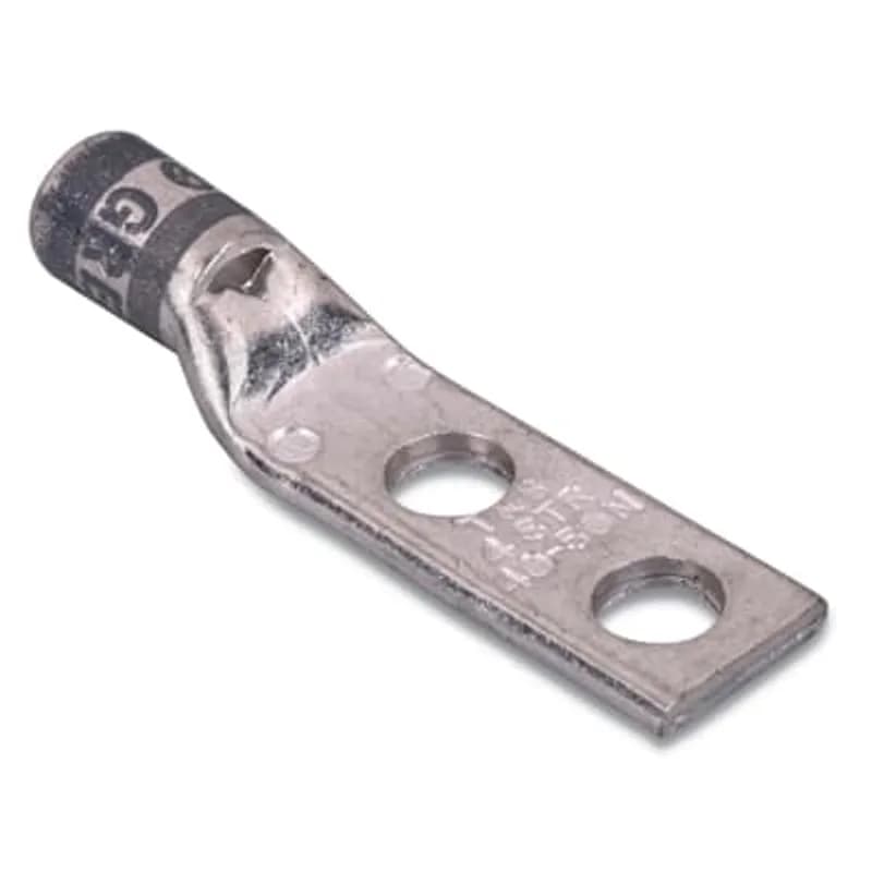 Copper Two-Hole Lug, Standard Barrel, Peep Hole, Max 35kV, Wire Size #4 AWG, #10 Bolt Size, 5/8 Inch Hole Spacing, Tin Plated, Die Code 29, Die Color Code Gray
