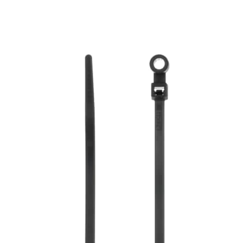 Integrated Mounting Hole Cable Tie, Black Polyamide (Nylon 6.6) for Temperatures up to 85 Degrees Celsius (185 F), Weather and Ultraviolet Resistant for Indoor and Outdoor Applications, UL/EN/CSA62275 Type 2/21 Rated for AH-2 Plenum and as a Flexible Cable and Conduit Support, Length of 205.70mm (8.1 Inches), Width of 4.6mm (0.18 Inches), Thickness of 1.35mm (0.053 Inches), Tensile Strength Rating of 222 Newtons (50 Pounds), #10 Screw for Mounting, 100 Pack