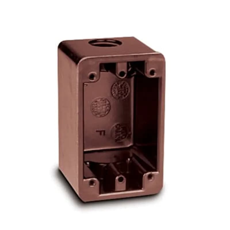 One-Gang Weatherproof Device Box, Volume 16 Cubic Inches, Length 4-7/16 Inches, Width 1-25/32 Inches, Depth 2-9/16 Inches, Color Browm, Material Phenolic, Mounting Means One 3/4 Inch Threaded Knockout in Each End
