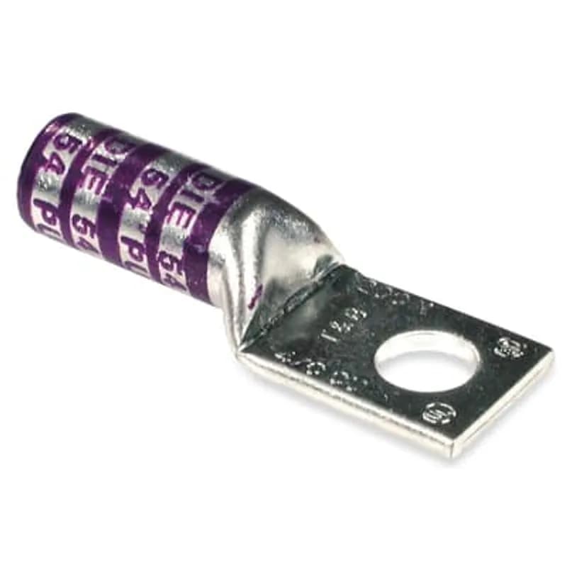 Copper One-Hole Lug, Long Barrel, Peep Hole, Max 35kV, Wire Size 4/0 AWG, 3/8 Inch Bolt Size, Tin Plated, Die Code 54, Die Color Code Purple