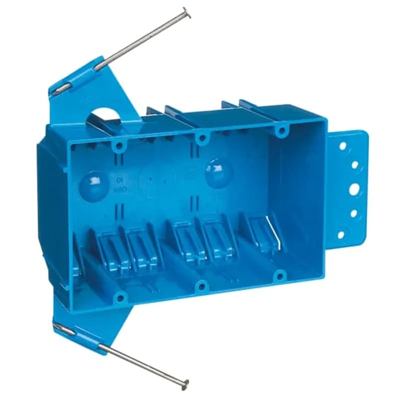 ABB - Installation Products B344AB - Three-Gang Nail-On New Work Outlet Box, Volume 44 Cubic Inches, Length 5-5/8 Inches, Width 3-3/4 Inches, Depth 2-11/16 Inches, Color Blue, Material PVC, Mounting Means Captive Nails and Bracket Support