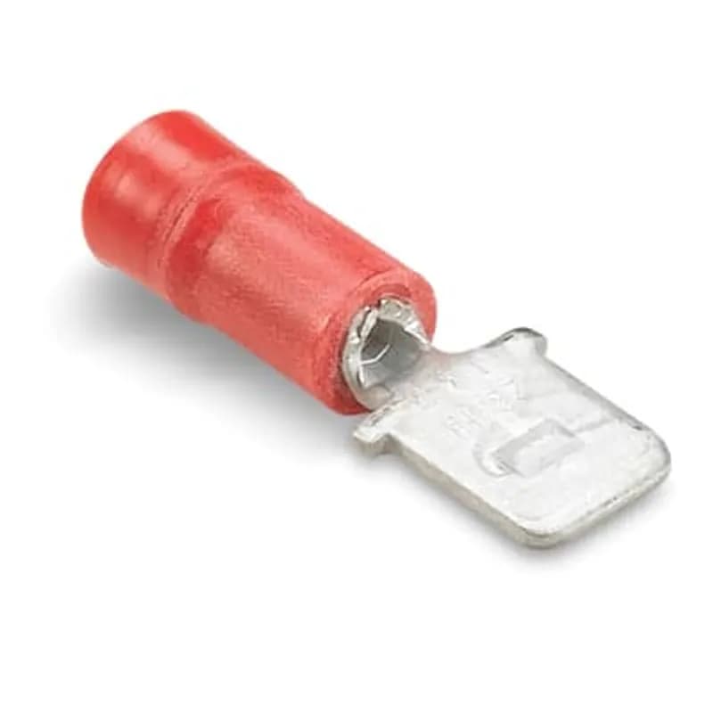 Vinyl-Insulated Male Tab, Length .87 Inches, Maximum Insulated .150, Tab Size .187x.032, Wire Range #22-#18 AWG, Color Red, Copper, Tin Plated