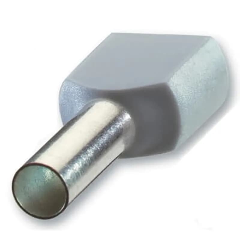 Polypropylene Insulated Twin Ferrule, Length .591 Inches/15mm, Pin Length .315 Inches/8mm, Pin Diameter .071 Inches/1.8mm, Base Diameter .201 Inches/5.1mm, Conductor Range 2x18 AWG/2x0.75mm2, Color Gray, Copper, Tin Plated