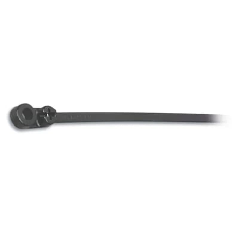 Integrated Mounting Hole Cable Tie, Black Polyamide (Nylon 6.6) for Temperatures up to 105 Degrees Celsius (220 F), Weather and Ultraviolet Resistant , Length of 198.12mm (7.8 Inches), Width of 4.57mm (0.18 Inch), Tensile Strength Rating of 222 Newtons (50 pounds), #10 Screw for Mounting, Bulk Pack