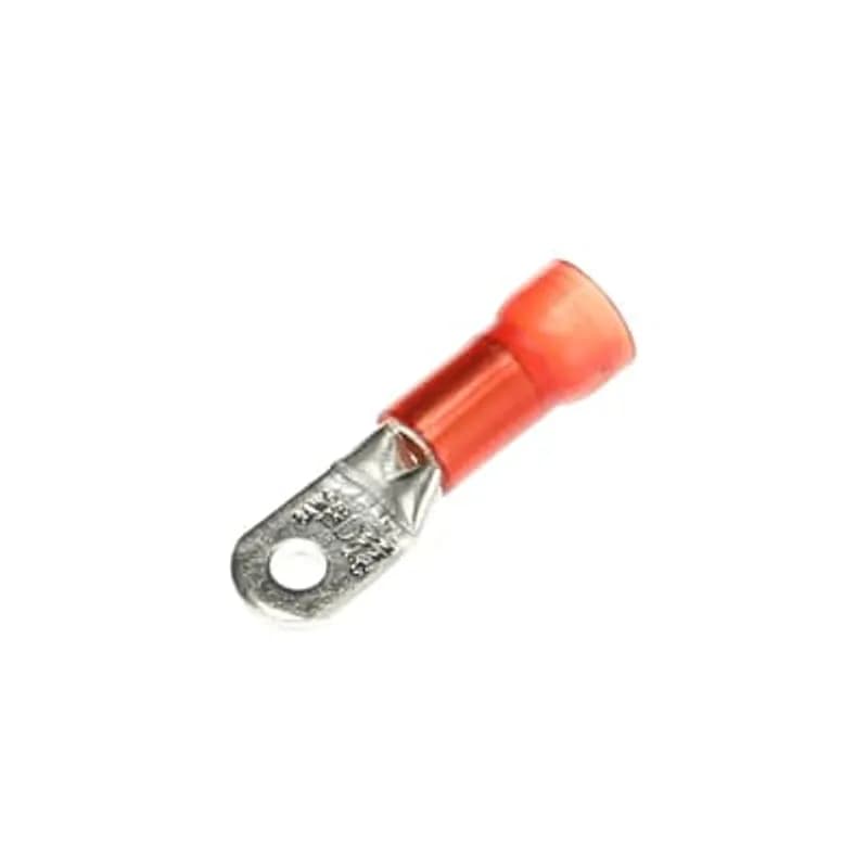 Nylon Insulated Large Ring Terminal, Length 1.48 Inches, Width .42 Inches, Maximum Insulation .340, Bolt Hole #8, Wire Range 8, Color Red, Copper, Tin Plated, 200 Pack