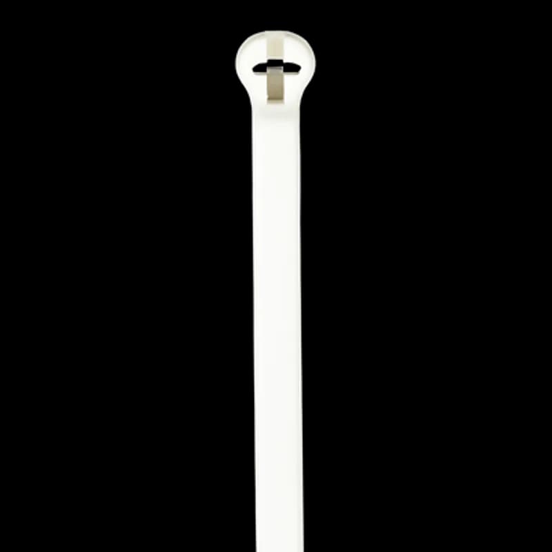 Cable Tie, Flame Retardant White Nylon 6.6, Temperature Range of -20 to 65 Degrees Celsius (-4 to 149 F) for Indoor Applications, Length of 185mm (7.3 Inches), Width of 4.6mm (0.18 Inch), Thickness of 1.3mm (0.05 Inch), Maximum Bundle Diameter 48mm (1.89 Inches), Tensile Strength Rating of 220 Newtons (49 Pounds)