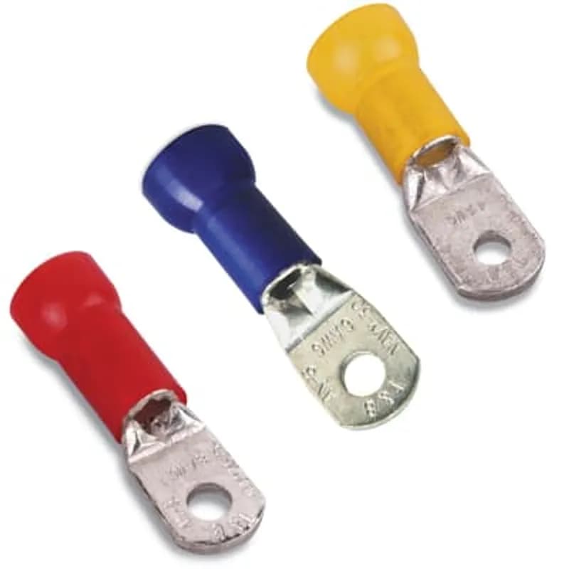 Nylon Insulated Large Ring Terminal, Length 1.63 Inches, Width .57 Inches, Maximum Insulation .340, Bolt Hole 3/8 Inch, Wire Range 8, Color Red, Copper, Tin Plated