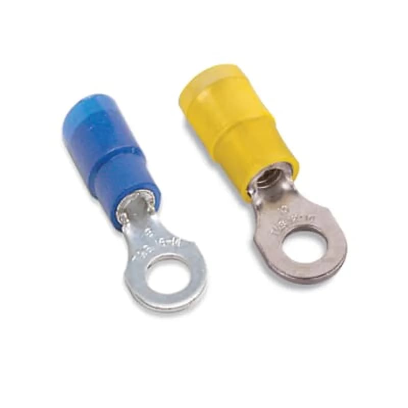 Nylon Insulated Expanded Entry Ring Terminal, Length 1.32 Inches, Width .53 Inches, Maximum Insulation .250, Bolt Hole 1/4 Inch, Wire Range #12-#10 AWG, Color Yellow, Copper, Tin Plated, 500 Pack