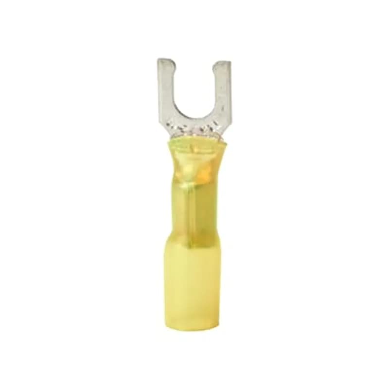 Heat Shrinkable Locking Fork Terminal, Length 1.350 Inches, Width .37 Inches, Maximum Insulation .250, Bolt Hole #10, Wire Range #12-#10 AWG, Color Yellow, Copper, Tin Plated