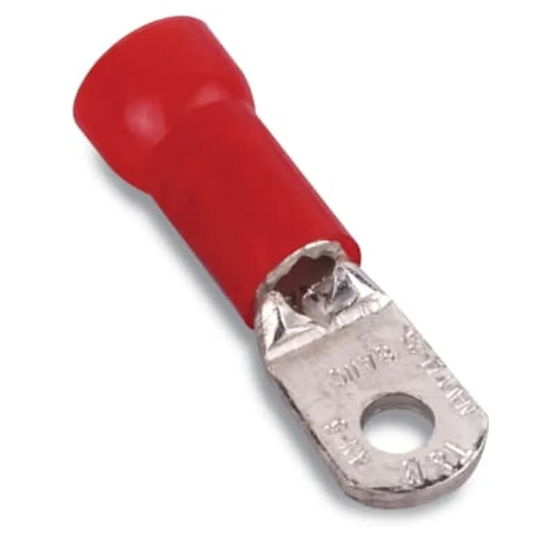 Nylon Insulated Large Ring Terminal, Length 1.54 Inches, Width .46 Inches, Maximum Insulation .340, Bolt Hole 1/4 Inch, Wire Range 8, Color Red, Copper, Tin Plated, 200 Pack