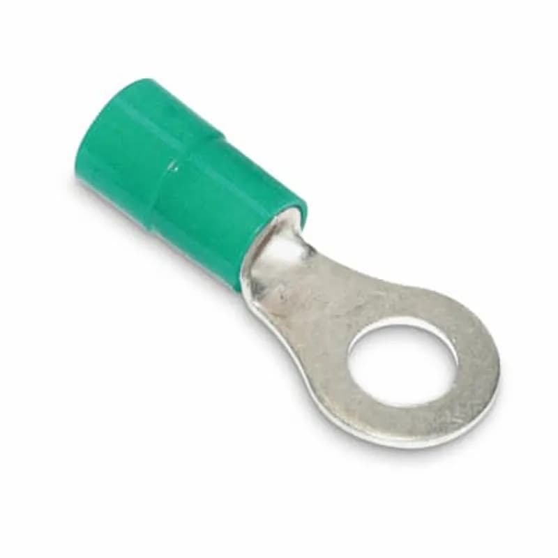 Nylon Insulated Heavy-Duty Ring Terminal, Length 1.49 Inches, Width .76 Inches, Maximum Insulation .210, Bolt Hole 1/2 Inch, Wire Range #16-#14 Heavy Duty, Color Green, Copper, Tin Plated
