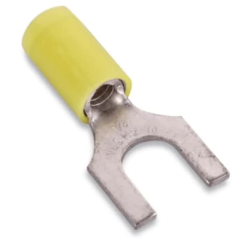 Nylon Insulated Fork Terminal, Length 1.00 Inches, Width .37 Inches, Maximum Insulation .210, Bolt Hole #10, Wire Range #12-#10 AWG, Color Yellow, Copper, Tin Plated