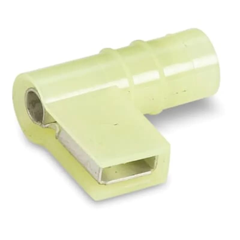 Nylon Insulated Open Top 90 Degree Flag Female Disconnect Terminal, Length .80 Inch, Width .88 Inch, Maximum Insulation .245, Tab Size .250x.032, Wire Range #12-#10 AWG, Color Yellow, Brass, Tin Plated