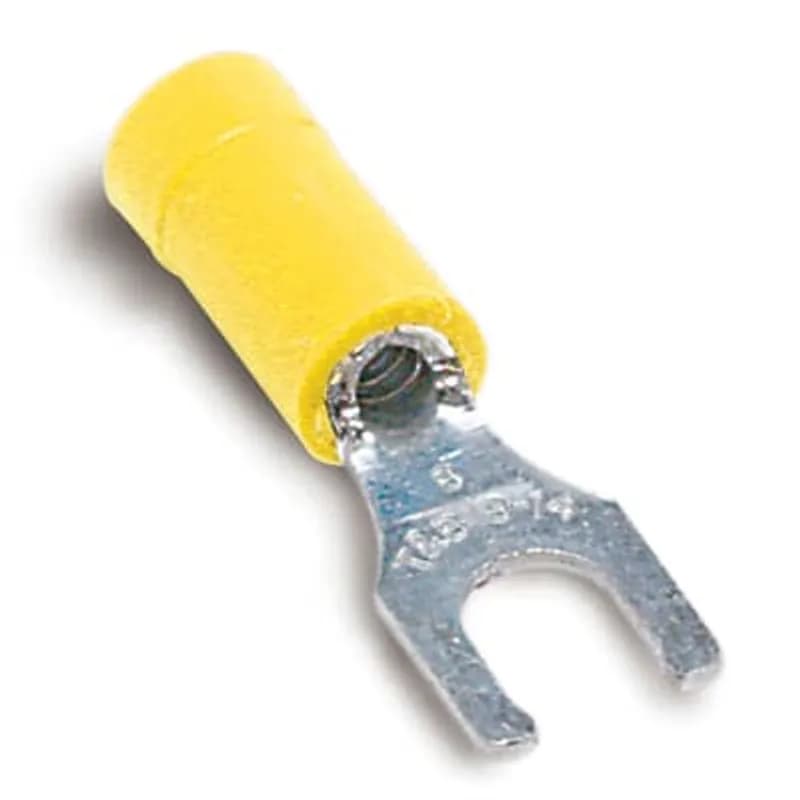 Vinyl Insulated Locking Fork Terminal, Length 1.09 Inches, Width .37 Inches, Maximum Insulation .220, Bolt Hole #8, Wire Range #12-#10 AWG, Color Yellow, Copper, Tin Plated, On Mylar Tape, 500 Pack