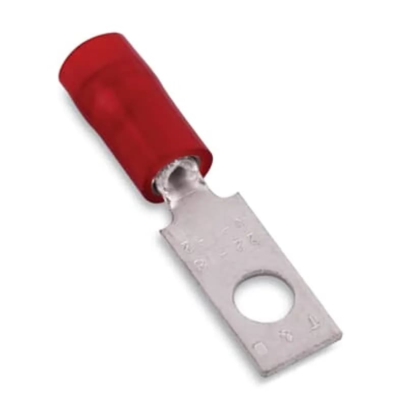 Nylon Insulated Rectangular Ring Terminal, Length 1.109 Inches, Width .302 Inches, Bolt Hole #6, Wire Range #22-#18 AWG, Color Red, Copper, Tin Plated, On Mylar Tape