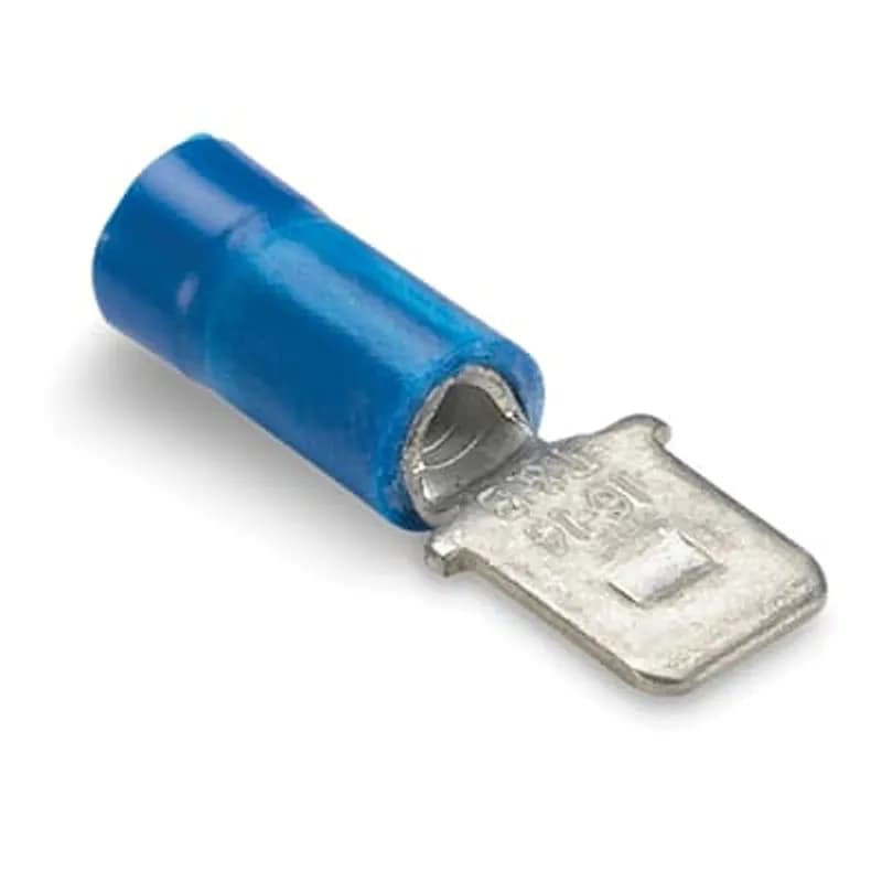 Vinyl Insulated Male Tab, Length .95 Inches, Maximum Insulated .170, Tab Size .250x.032, Wire Range #16-#14 AWG, Color Blue, Copper, Tin Plated, On Mylar Tape, 1,000 Pack