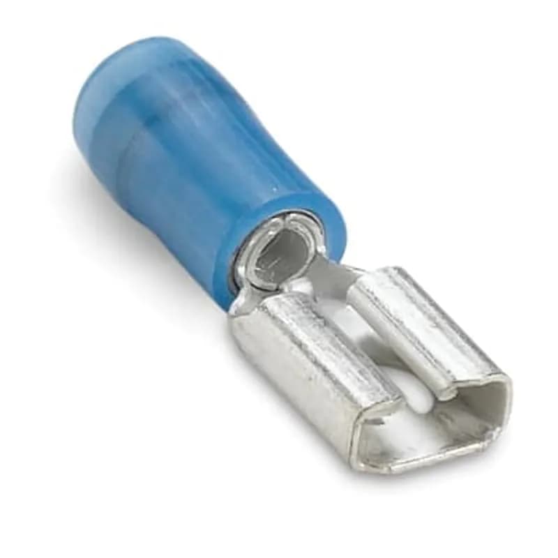 Nylon Insulated Open Top 90 Degree Flag Female Disconnect Terminal, Length .80 Inch, Width .72 Inch, Maximum Insulation .190, Tab Size .250x.032, Wire Range #16-#14 AWG, Color Blue, Brass, Tin Plated