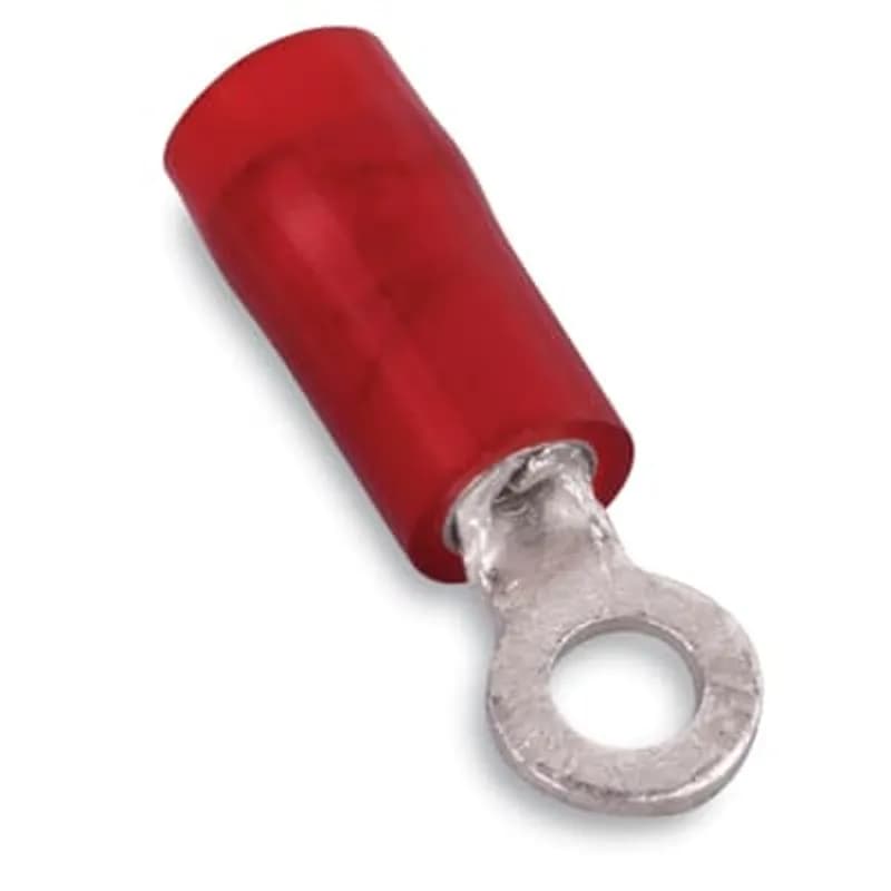 Nylon Insulated Ring Terminal, Length 1.10 Inches, Width .46 Inches, Maximum Insulation .136, Bolt Hole 1/4 Inch, Wire Range #22-#16 AWG, Color Red, Tin Plated, On Mylar Tape, 1,000 Pack