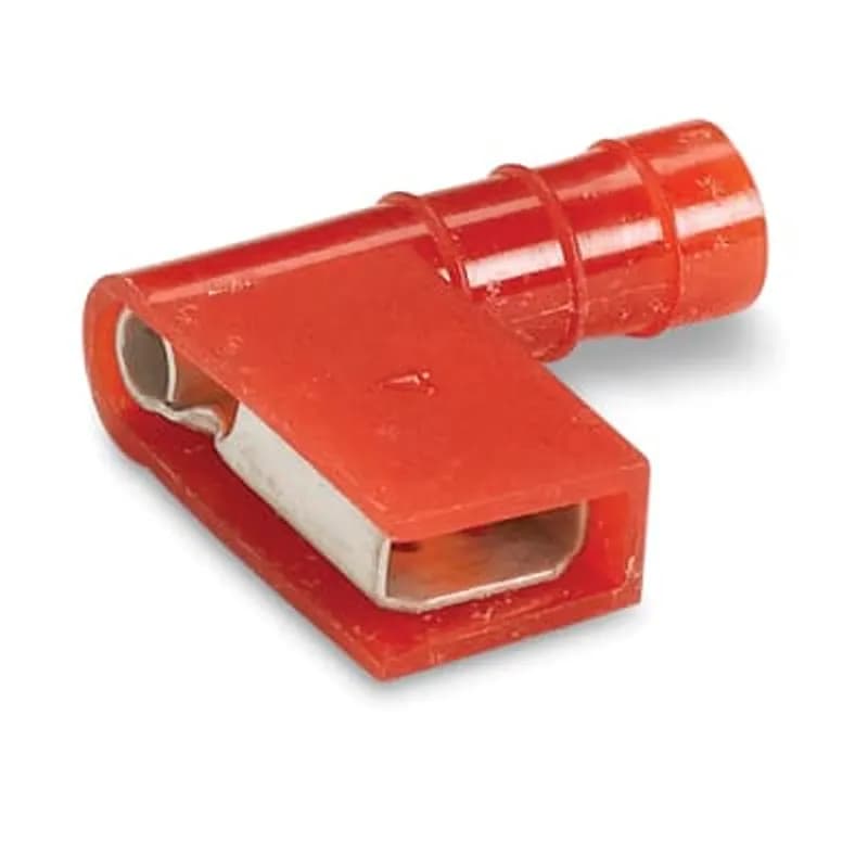 Nylon Fully Insulated 90 Degree Flag Female Disconnect, Length .74 Inches, Width .59 Inches, Maximum Insulation .150, Tab Size .187x.020, Wire Range #22-#18 AWG, Color Red, Copper, Tin Plated, 500 Pack