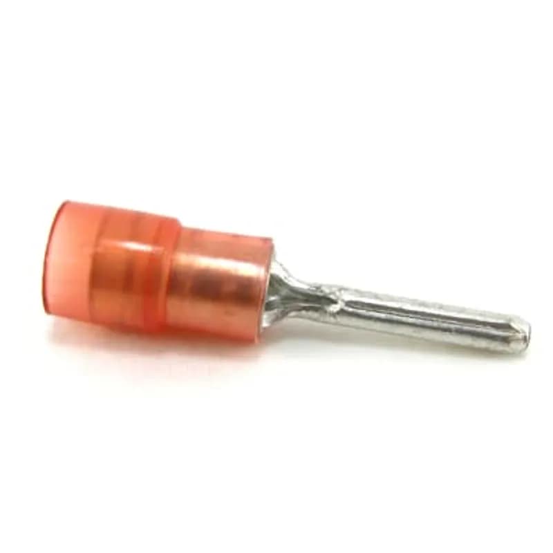 Vinyl-Insulated Pin Terminal, Length .85 Inches, Pin Length .390 Inches, Diameter .075 Inches, Wire Range #22-#18 AWG, Color Red, Copper, Tin Plated, On Mylar Tape, 1,000 Pack