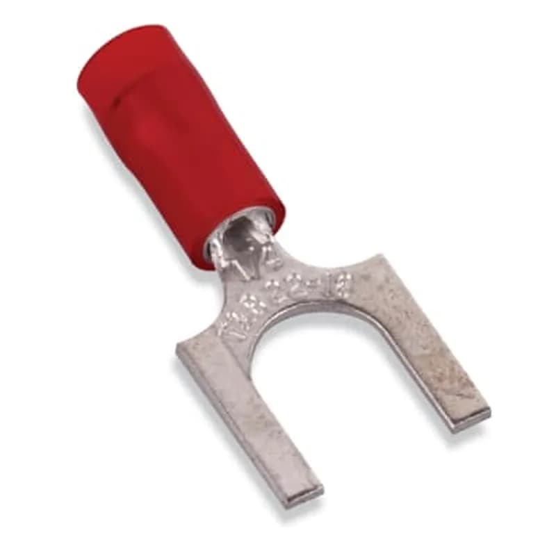 Nylon Insulated Fork Terminal, Length .95 Inches, Width .44 Inches, Maximum Insulation .136, Bolt Hole 1/4 Inch, Wire Range #22-#16 AWG, Color Red, Copper, Tin Plated, 1,000 Pack