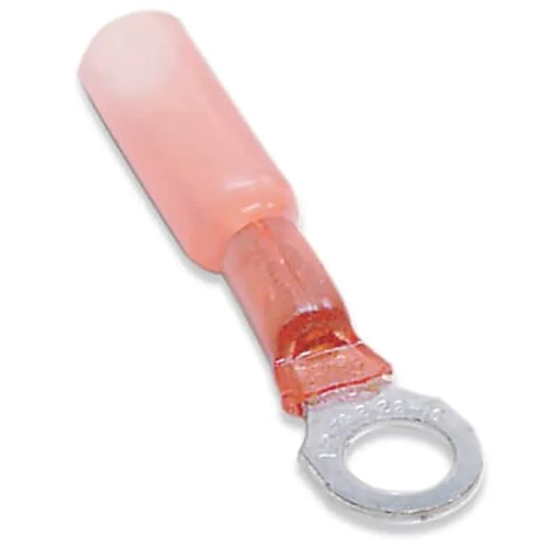 Heat Shrinkable Ring Terminal, Length 1.23 Inches, Width .25 Inches, Maximum Insulation .170, Bolt Hole #6, Wire Range #22-#18 AWG, Color Red, Copper, Tin Plated