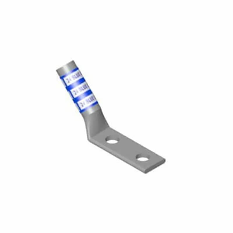 Copper Two-Hole Lug, 45 Degree Bend Long Barrel, Blind End, Max 35kV, Wire Size 500 kcmil, 1/2 Inch Bolt Size, 1-3/4 Inch Hole Spacing, Tin Plated, Die Code 87, Die Color Code Brown
