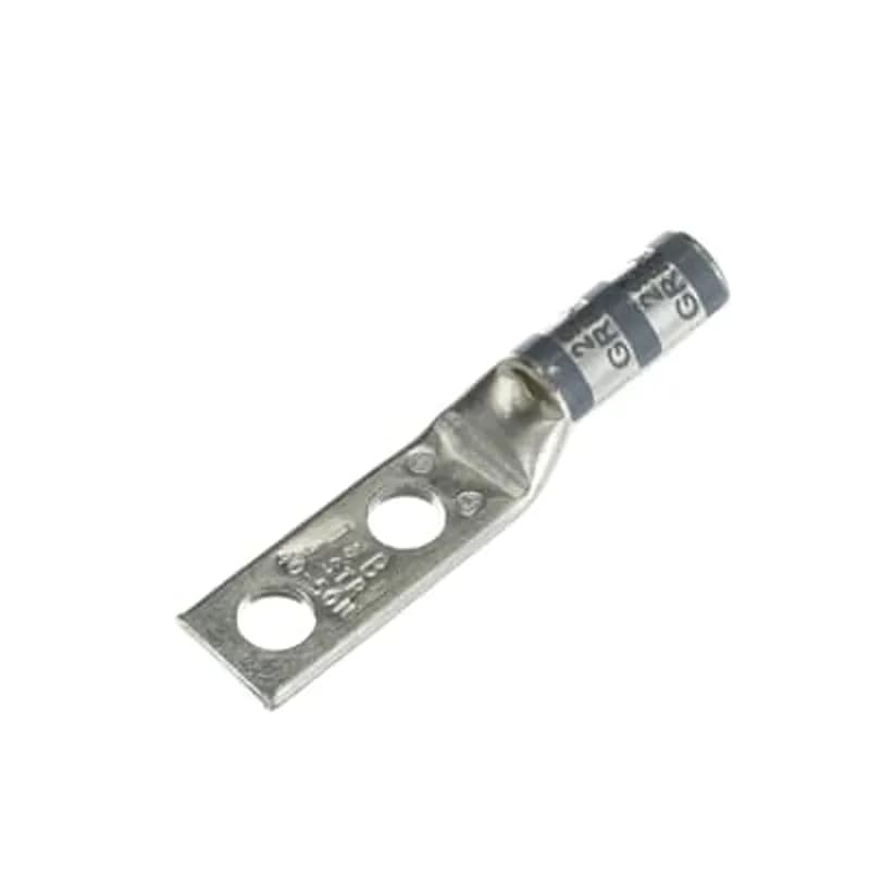 Copper Two-Hole Lug, Long Barrel, Peep Hole, Max 35kV, Wire Size #4 AWG, 1/4 Inch Bolt Size, 5/8 Inch Hole Spacing, Tin Plated, Die Code 29, Die Color Code Gray