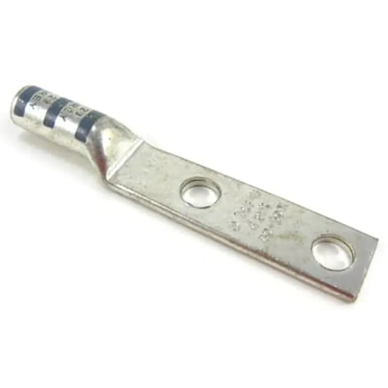 Copper Two-Hole Lug, Long Barrel, Peep Hole, Max 35kV, Wire Size #4 AWG, #10 Bolt Size, 5/8 Inch Hole Spacing, Tin Plated, Die Code 29, Die Color Code Gray