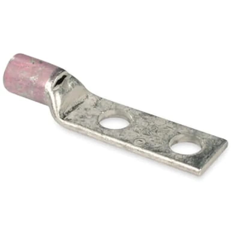 Copper Two-Hole Lug, Standard Barrel, Peep Hole, Max 35kV, Wire Size 1/0 AWG, 3/8 Inch Bolt Size, 1 Inch Hole Spacing, Silver Plated, Die Code 42, Die Color Code Pink