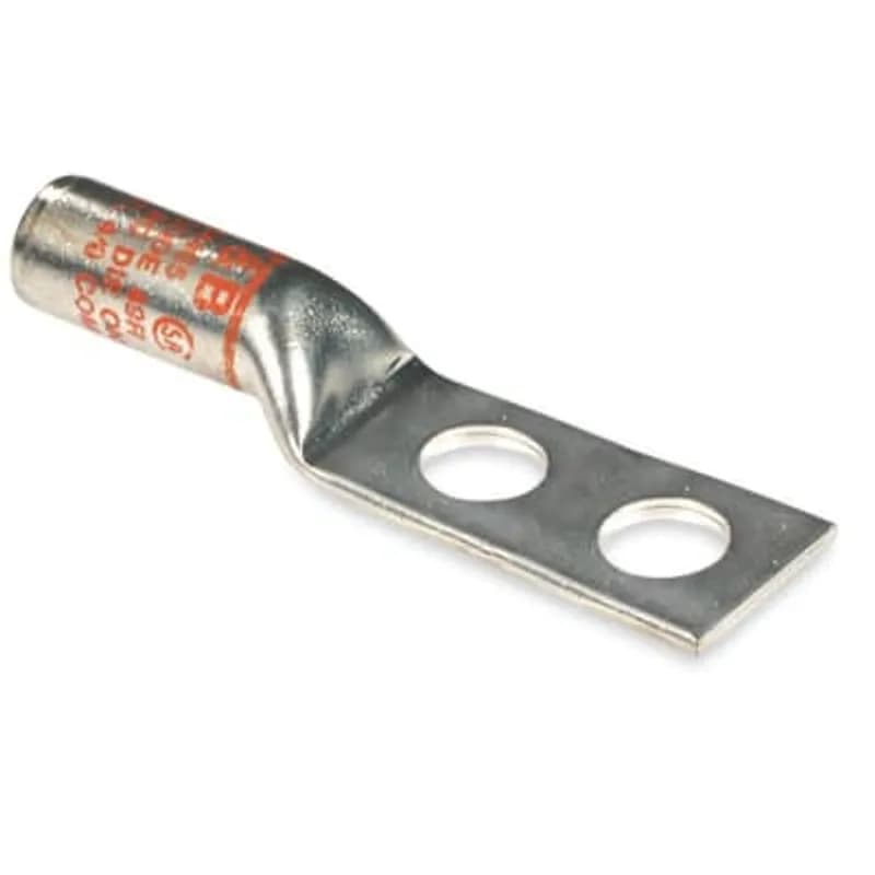 Copper Two-Hole High Voltage Lug, Long Barrel, Blind End, Max 15kV, Wire Size 1000 kcmil, 1/2 Inch Bolt Size, 1-3/4 Inch Hole Spacing, Tin Plated, Die Code 125R