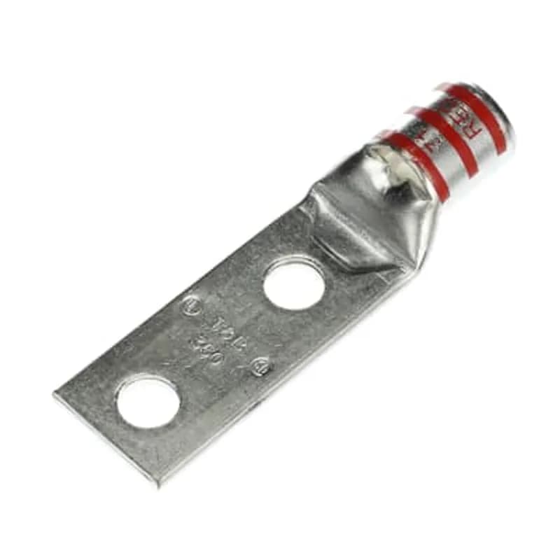 Copper Two-Hole Lug, Standard Barrel, Peep Hole, Max 35kV, Wire Size 350 kcmil, 1/2 Inch Bolt Size, 1-3/4 Inch Hole Spacing, Tin Plated, Die Code 71, Die Color Code Red