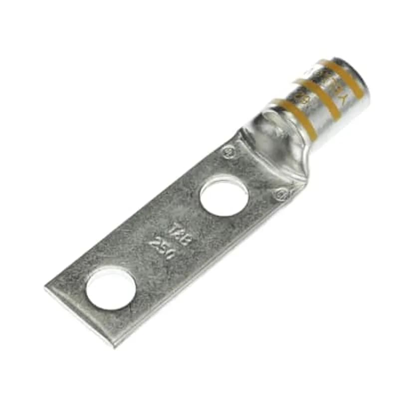 Copper Two-Hole Lug, Standard Barrel, Peep Hole, Max 35kV, Wire Size 250 kcmil, 1/2 Inch Bolt Size 1-3/4 Inch Hole Spacing, Tin Plated, Die Code 62, Die Color Code Yellow