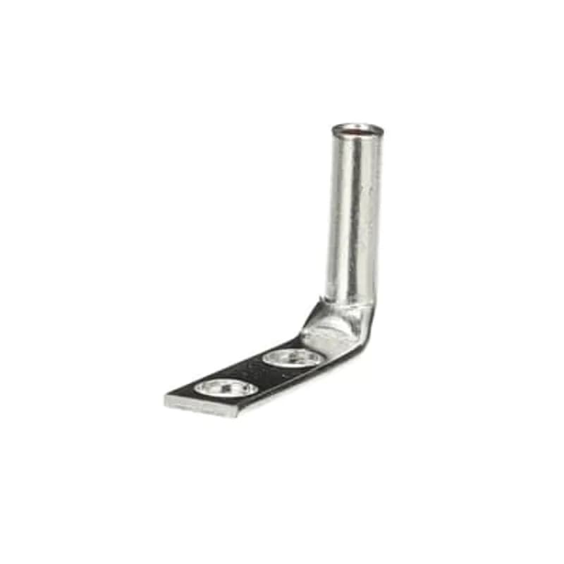 Copper Two-Hole Lug, 90 Degree Bend Long Barrel, Blind End, Max 35kV, Wire Size #8 AWG, 1/4 Inch Bolt Size, 5/8 Inch Hole Spacing, Tin Plated, Die Code 21, Die Color Code Red