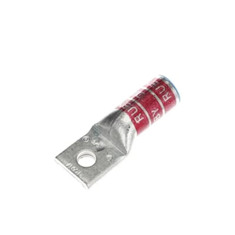 Aluminum One-Hole Lug, Long Barrel, Blind End, Max 35kV, 3/0 AWG Wire, 3/8 Inch Bolt Size, Tin Plated, Die Code 60, Die Color Code Ruby