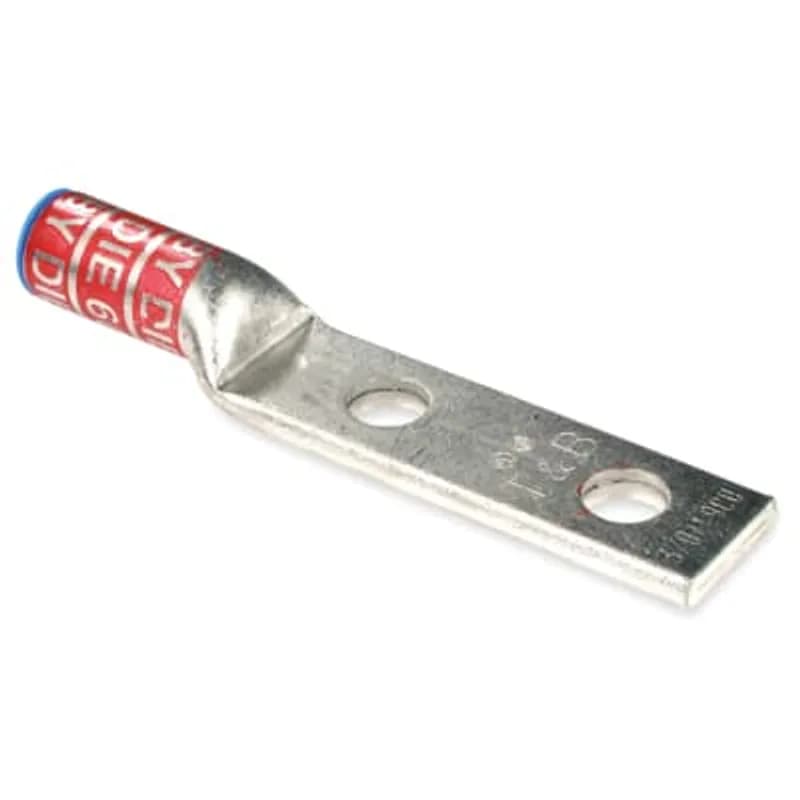ABB - Installation Products 60256 - Aluminum Two-Hole Lug, Long Barrel, Blind End, Max 35kV, 250 kcmil Wire, 1/2 Inch Bolt Size, 1-3/4 Inch Hole Spacing, Tin Plated, Die Code 71H, Die Color Code Red