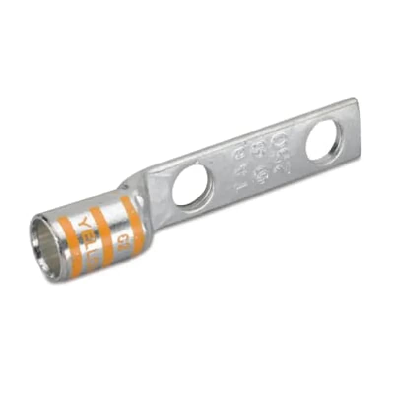 Copper Two-Hole Lug, Standard Barrel - Narrow Tongue Lug, Peep Hole, Max 35kV, Wire Size 2/0 AWG, 3/8 Inch Bolt Size, 1 Inch Spacing, Tin Plated, Die Code 45, Die Color Code 45