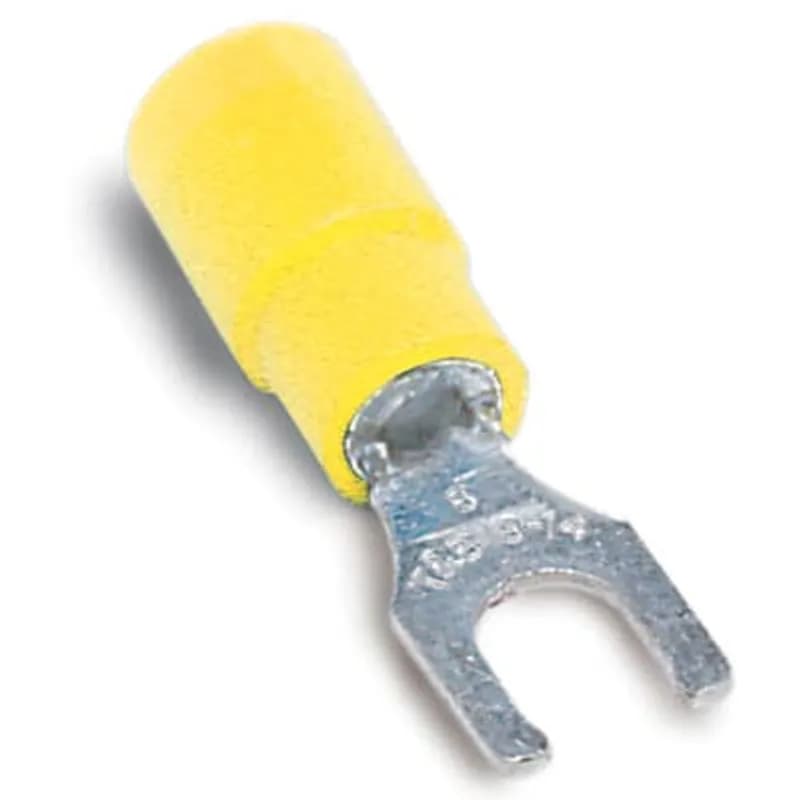 Expanded Vinyl-Insulated Locking Fork Terminal, Length 1.22 Inches, Width .50 Inches, Maximum Insulation .250, Bolt Hole 1/4 Inch, Wire Range #12-#10 AWG, Color Yellow, Copper, Tin Plated