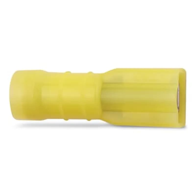 Nylon Fully Insulated Female Disconnect, Length 1.04 Inches, Width .38 Inches, Maximum Insulation .225, Tab Size .250x.032, Wire Range #12-#10 AWG, Color Yellow, Brass, Tin Plated