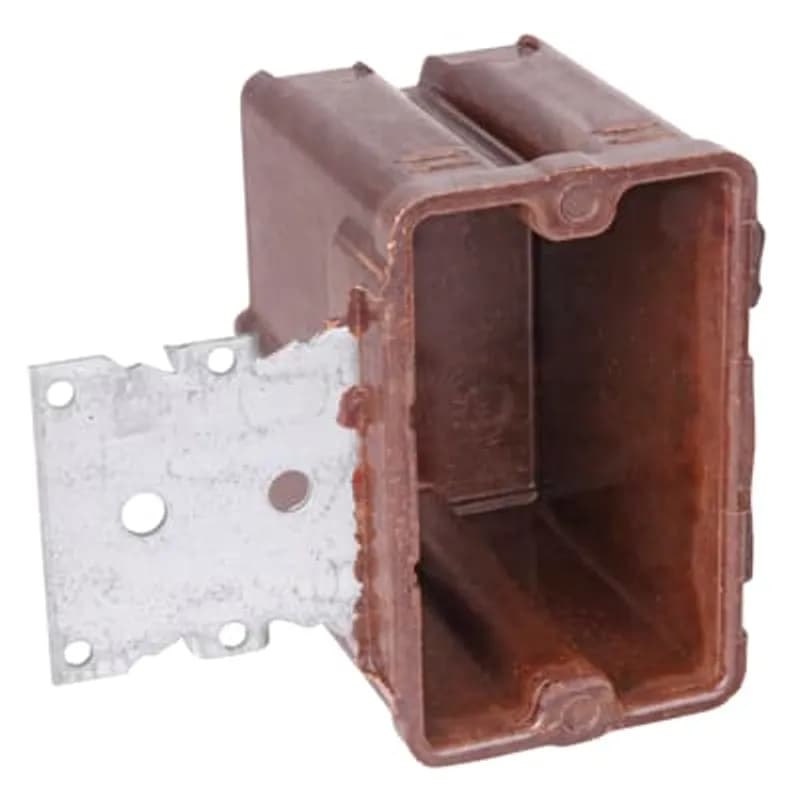 Single-Gang Bracket Outlet Box, Volume 18 Cubic Inches, Length 3-5/8 Inches, Width 2-1/4 Inches, Depth 2-3/4 Inches, Color Brown, Material Phenolic, Mounting Means 3/8 Inch Offset Bracket for Wood or Steel Studs